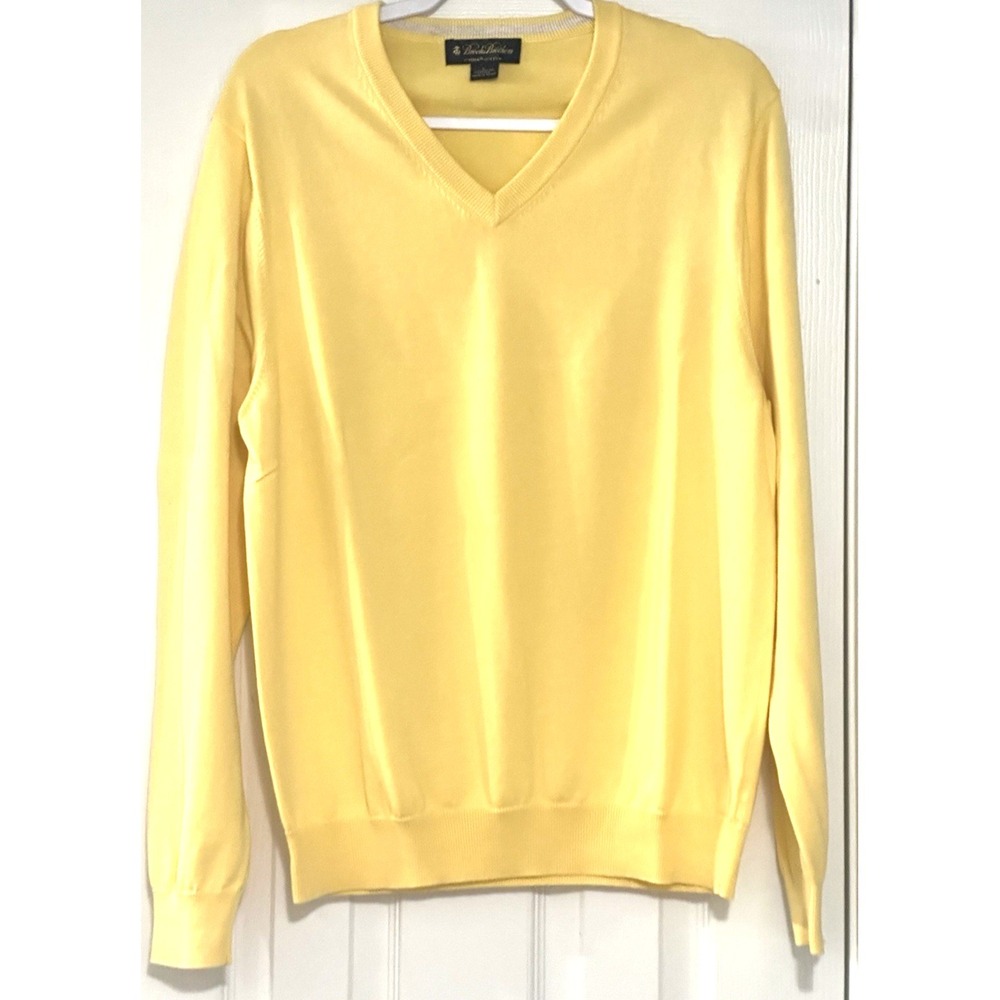 Men's Brooks Brothers Sweater Large V Neck Cotton Golf Pullover‎ Yellow USA